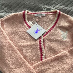 PLAYBOY Pink Cardigan with White and Red Trim